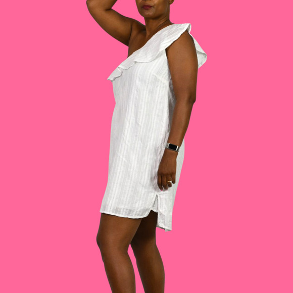 Cloth Stone One Shoulder Dress White Mini Shift Ruffle Textured Cotton Medium - Picture 6 of 14